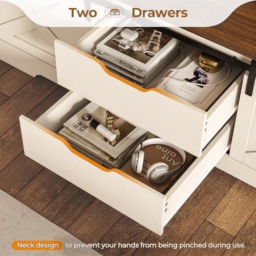 UPOSOJA 60“ Farmhouse Storage Bench with Cushion, Shoe Rack with Slide Barn Doors, Adjustable Shelf and 2 Drawer for Entry, Bedroom, Closet, Living Room, Hallway (White Brown, 60 in) 7