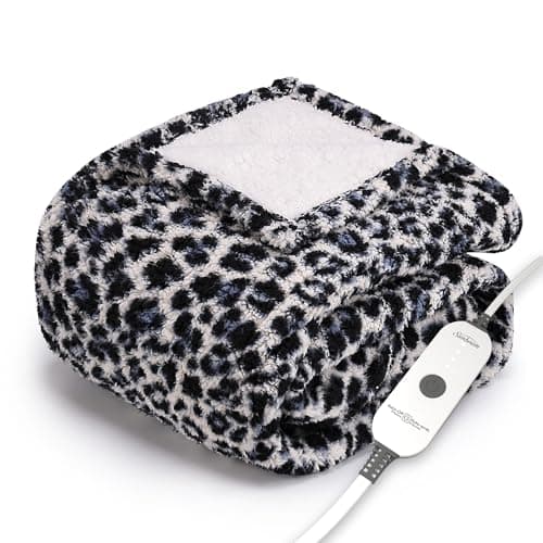 Sunbeam Printed Royal Sherpa Foot Pocket Heated Throw Electric Blanket, 50" x 60", 4 Heat Settings, 4-Hour Auto Shut-Off, Warming Cozy Throw for Couch or Bed, Machine Washable, Blue Leopard