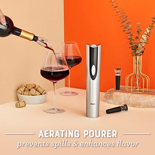 Oster Electric Wine Opener, Foil Cutter, Wine Pourer and Vacuum Wine Stoppers with CorkScrew and Charging Base, Black 6