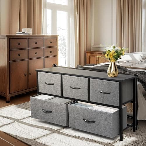 AZL1 Life Concept Extra Wide Dresser Storage Tower with Sturdy Steel Frame, 5 Drawers of Easy-Pull Fabric Bins, Organizer Unit for Bedroom, Hallway, Entryway, 11.4"D x 39.4"W x 21.6"H, Dark Grey 5
