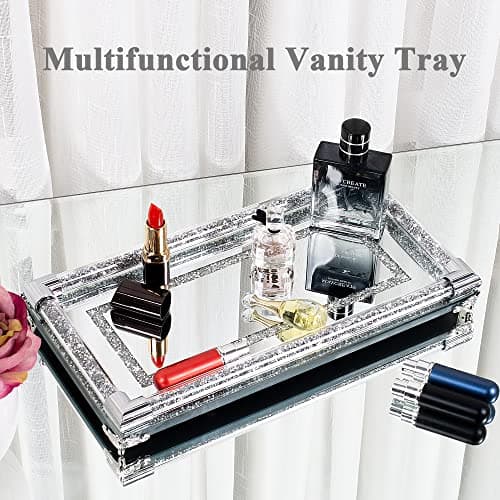 SHYFOY Mirror Perfume Tray for Dresser Crushed Diamond Crystal Trays for Vanity Silver Glass Decorative Bathroom Tray for Home Decorative, Party, Hotel Banquet, NO Letters,12.5 x 6.5 x 1.5 Inches 9