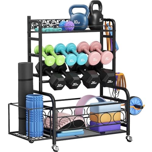 Dumbbell Rack,VOPEAK Weight Rack for Dumbbells, Weight Rack for Home Gym, Home Gym Storage Rack for Yoga Mat Kettlebells and Strength Training Equipment, Dumbbell Rack Stand only with Wheels