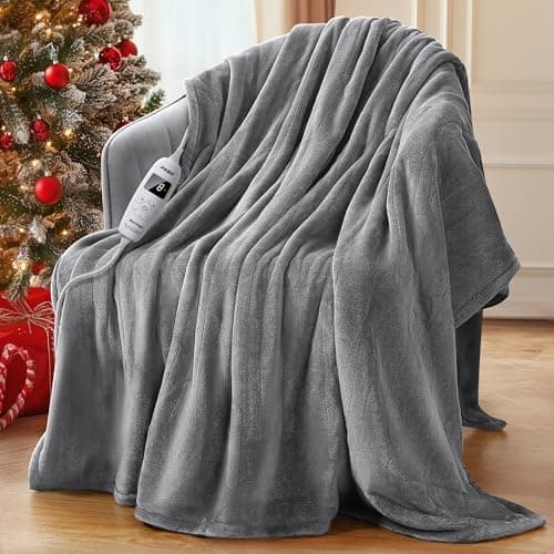 PKBD Electric Heated Blanket Throw, 50"x60" with 10 Heating Levels, 8 Hours Auto Shut Off & Overheat Protection, Machine Washable Flannel, Dual Sided, Light Grey