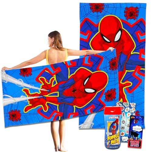 Spiderman Bath Towel Set for Kids - Bundle with 40x72 Spiderman Bath Towel, Bubble Bath, Stickers, More | Spiderman Bathroom Set for Boys