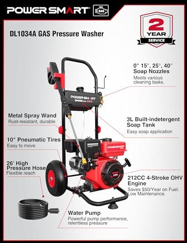 PowerSmart Gas Pressure Washer, 3400 PSI 2.5 GPM, 212CC, with Onboard Soap Tank, Metal Spray Wand, 5 Nozzles for Houses, Driveways, Walls, Cars, Fences, Patios 5