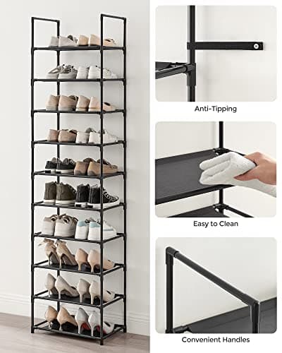 SONGMICS Shoe Rack, 10-Tier Shoe Shelf, Shoe Storage Organizer, 11 x 17.7 x 68 Inches, Metal Frame, Non-Woven Fabric Shelves, for Entryway, Bedroom, Black ULSH010B02 8