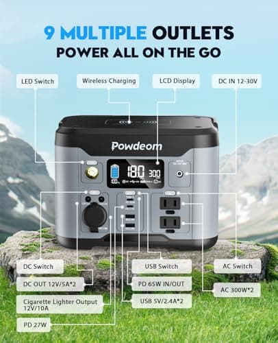300W Portable Power Station, Powdeom 296Wh Power Bank with AC Outlet, Solar Generator Laptop Charger, Battery Backup Power Supply for Camping, Outdoors, Home Emergency Outage 6
