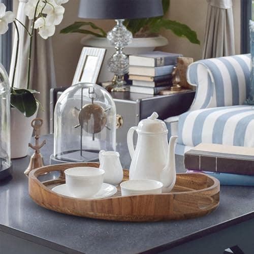 Acacia Wood Serving Tray with Handles - 17"x13" Round, Decorative Ottoman Tray for Living Room, Coffee Table, Breakfast in Bed, Candle Display 6