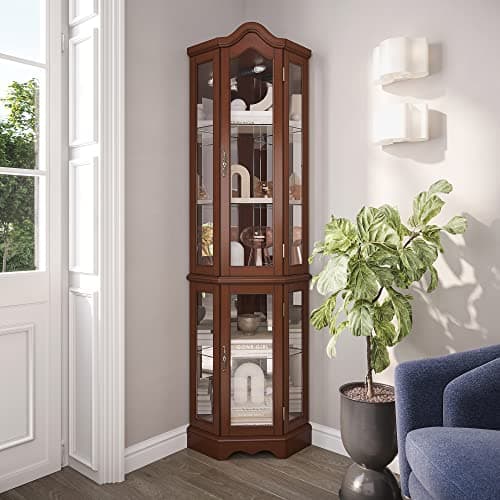 BELLEZE Lighted Corner Display Curved Top Curio Cabinet Wooden Shelving Unit with Tempered Glass Door, Bar and Liquor Storage Area with 5 Shelves - Loraine (Walnut) 6