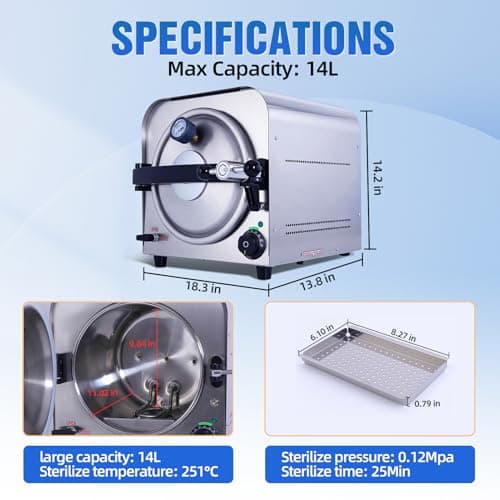 DACAT-RICHFU TR250E 14L Autoclave High Pressure Steam Machine for Dental Lab Salon 251.6°F Professional Stainless Steel Equipment with 3 Trays and Pressure Gauge 900W 3