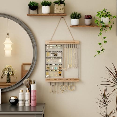 Feyejade Hanging Jewelry Organizer, 5-Tier Wall Earring Holder with Wooden Ring Groove, Jewelry Rack Wall Mounted for Earrings, Necklaces, Bracelets and Rings, Jewelry Holder Stand, Black 3