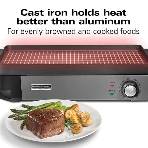 Hamilton Beach Professional Cast Iron Indoor Electric Grill & Griddle, 10" x 16" Preseasoned Cooking Surface, Adjustable Temperature up to 450° F, Black (38560) 5