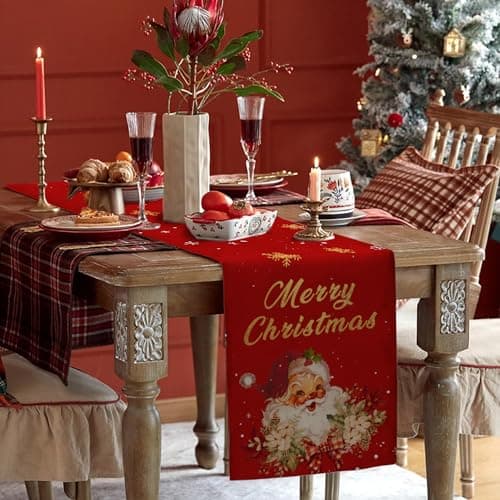 Christmas Table Runner Christmas Decorations - Red and Gold Vintage Santa Claus Merry Christmas Snowflake Winter Xmas Home Kitchen Dining Table Decor, Christmas Party Decorations 13 x 72 Inch 4