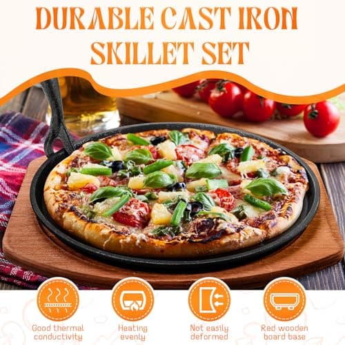 FoldTier Cast Iron Fajita Plate Set 9.84'' Steak Plate Sizzling Pan with Wooden Base and Gripper for Home Restaurant Kitchen Catering Cooking for Grilling Meats Seafood(4 Sets), Black 5