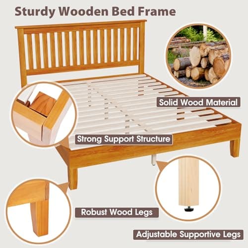 PayLessHere Wood Bed Frame Queen Size Solid Wood Platform Bed Frame with Headboard Wood Slats Support No Box Spring Needed Easy Assembly,Brown 5