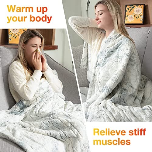 WOOMER Heated Blanket Throw 50" x 60", Electric Blanket Throw with 4 Heating Levels & 4H Auto Off, ETL Certified, Marble Blue Double-Sided Faux Fur, Over-Heat Protect, Machine Washable 5