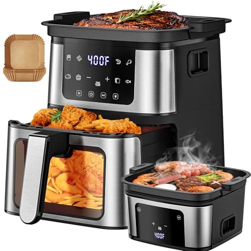 2-in-1 Air Fryer Grill Combo, Indoor Grill for Fries, 7.5 QT Capacity, 8 Digital Presets, Low-Oil Healthy Cooking, Clear Window, Multi-Function Design for Family,Black