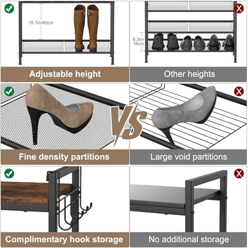 Refrze Shoe Rack for Front Door Entrance, 4 Tier Height-Adjustable Metal Shoe Rack, Sturdy Wooden Top and Tiltable Steel Frame Heavy Duty Shoe Organizer for Bathroom,Bedroom,Kitchen，Include Hook 6