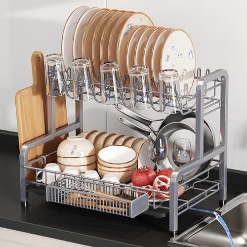 2 Tier Dish Drainers Drying Rack for Kitchen Counter Large Stainless Steel Dishes Drain with Drainboard, Space Saving, Big Modern Silver Countertop Metal Plates Dryer Strainer Holder and Extra Tray