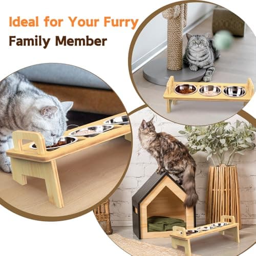 Bamboo Elevated Cat Bowls, 3 Stainless Steel Raised Cat Bowl with Stand, 15°Tilted Cat Feeding Station, Cat Food and Water Bowl Set for Small Cats and Puppy, Anti Vomitting, Whisker Fatigue (Natural) 7
