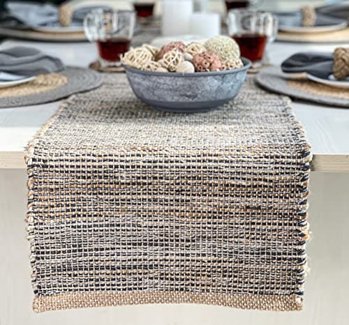 Chardin home Natural Jute Table Runner 13x72 Inch – Vintage Boho Rustic Table Decor – Handwoven Table Runner in Natural Jute and Grey – Farmhouse Dining or Console Table Accent