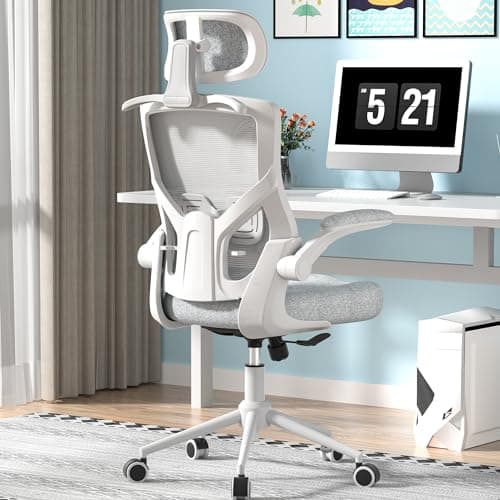 FOKESUN Ergonomic Office Chair, High Back Mesh Desk Chair with Thick Molded Foam Cushion, Coat Hanger, Adjustable Headrest, Lumbar Support, Tilt & Lock Function - Computer Chair (Light Grey)