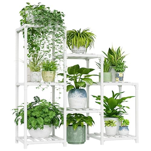 Bamworld Indoor Plant Stand Outdoor White Shelf Bamboo Plant Table for Multiple Plants 3 Tiers 7 Pots Ladder Holder Pot Window Garden Balcony Living Room