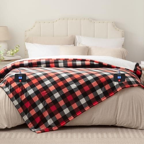 Westinghouse Electric Blanket Queen Size, Soft Flannel to Sherpa Heated Blanket with Dual Control 10 Heating Levels & 1 to 12 Hours Auto-Off, Machine Washable, Fast Heating, 84 * 90 Inch, Red