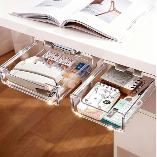 2 Pack Under Desk Storage Drawers Slide Out-Drill-On or Self-Adhesive,Large&Medium Drawer Under Desk Organizer Under Table Drawer for Home Office School Organization and Storage