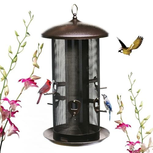 Nature's Rhythm Metal Hopper Bird Feeder, Dual Seed Compartments, 10 Feeding Ports, Holds 10lbs Seed, Attracts Cardinals, Titmice, Nuthatches