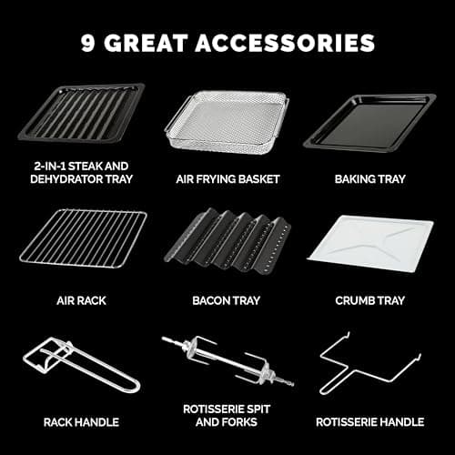 Kalorik MAXX Air Fryer Oven, 26 Quart 10-in-1 Countertop Toaster Oven & Air Fryer Combo - Fry, Bake, Roast, Rotisserie, & More, Large Glass French Doors & 9 Accessories, 1700-Watts, Stainless Steel 8