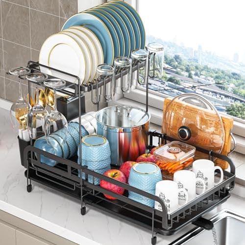 Urackify 2 Tier Dish Drying Rack, Expandable Dish Rack, Extandable Dish Drainer for Kitchen Counter with Drainboard, Plate Rack Organizer with Utensil Holder, Wine Glass Holder, Black 9