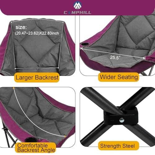 CAMPHILL Folding Camping Chair,Oversized Portable Camping Chair with Cup Holder and Phone Holder,Heavy Duty Padded Lawn Chair for Camping, Tailgates, Beach, and Sports 5