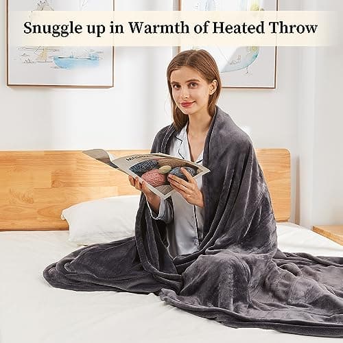 Electric Throw Heated Blanket, Super Silky Soft Cozy Flannel 50" x 60" Electric Blanket with 5 Fast Heating Levels & 4 Hours Auto Off, Heating Throw Blanket with ETL & FCC Certification, Dark Gray 5