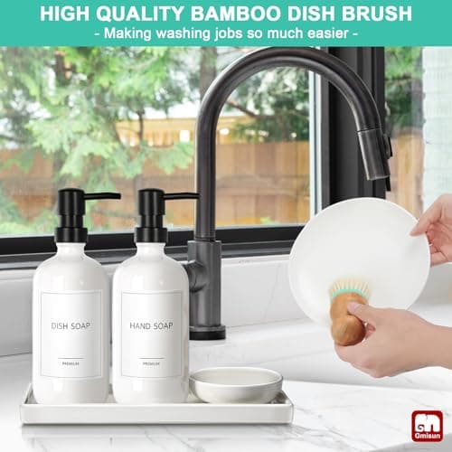 GMISUN Kitchen Soap Dispenser Set, 16 Oz Hand and Dish Soap Dispenser with Ceramic Tray & Bamboo Dish Brush, 2 Pack White Glass Liquid Pump Bottle, Modern Farmhouse Refillable Dish Soap Bottle 6