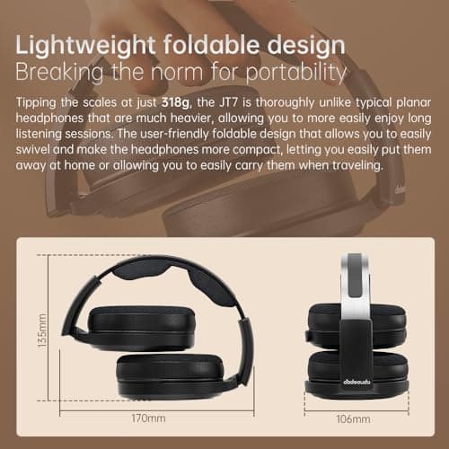 FiiO JT7 Over-Ear Planar Magnetic Headphones, 95x86mm Planar Driver, 3µm Ultra-Thin Diaphragm, Foldable Lightweight Design, Detachable 4.4mm/3.5mm Cable for Audiophiles (Black) 7