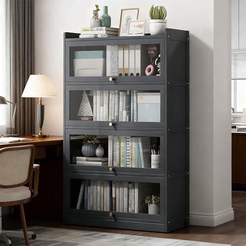 Orixal Tall Bookcase, 55" Large Bookcases Organizer, Bamboo Bookshelve with Acrylic Doors, Free-Standing Bookshelf with 4-Tier Shelves & Kids Bookshelf for Study, Bedroom, Living Room, Office