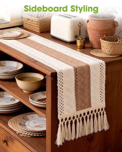 Pureegg Farmhouse Boho Table Runner - 60 Inches, Linen-Textured Woven Tassel Design for Dining Table Decor, Kitchen, Coffee Table & Living Room, 12 x 60 Inch, Brown 6