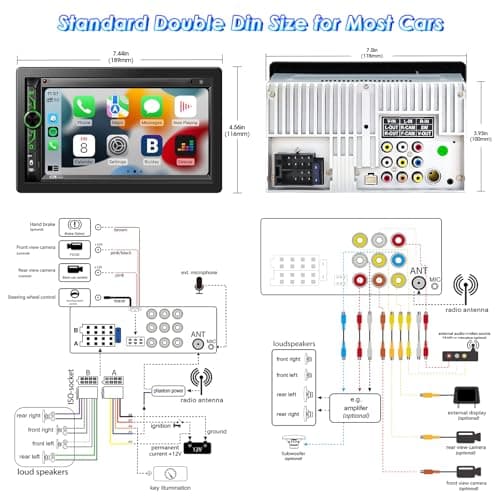 Double Din CarPlay Multimedia System: 7 Inch Touchscreen Car Stereo Receiver – Bluetooth Android Auto Car Radio with Backup Camera Mirror Link AM FM USB SD AUX Subwoofer Steering Wheel Control 7