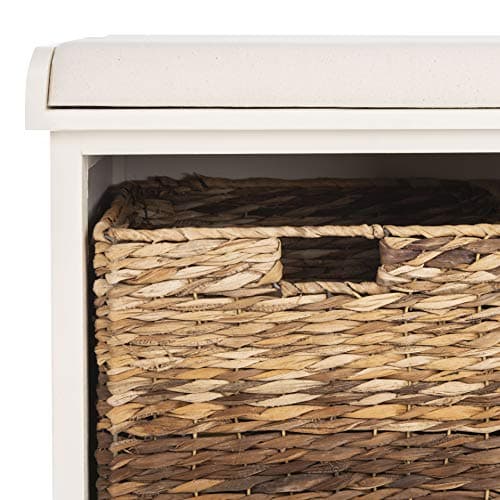 SAFAVIEH Home Collection – Freddy Vintage White Storage Bench with Wicker Baskets & Cushion, Entryway Seating Bench, Fully Assembled (AMH5736D) 9