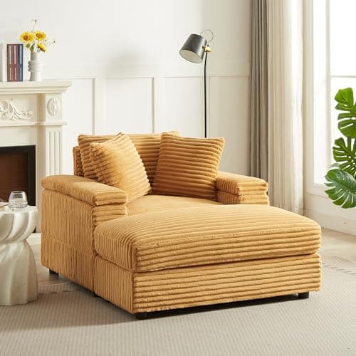 Olodumare Modern Minimalist Single Sofa with 3 Pillows and Ottoman, Deep Seat Couch, Corduroy Sectional Sofa Couch for Living Room, Office, Apartment, Small Space, Ginger