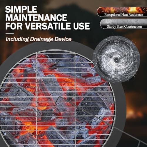 Fire Pits for Outside Wood Burning, Large Outdoor Fire Pit Stove with Roating Table and BBQ Grill, Cold Finished Steel Round Firepit Bowl with Poker, Waterproof Cover, Grill Brush 5