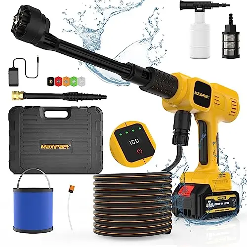 MAXIPACT Cordless Pressure Washer, Max-1080PSI Portable Power Washer with LCD Touch Screen, 4 Speed Adjustment, 4.0Ah Battery Pressure Washer with 6 in 1 Nozzle, Cordless Power Washer Washing Car