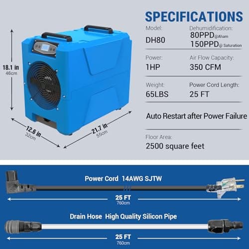 MOUNTO Commercial Dehumidifier, 150 Pint High-Capacity, Includes Pump Drain Hose for Water Damage Restoration, Ideal for Basements, Warehouses & Job Sites 5