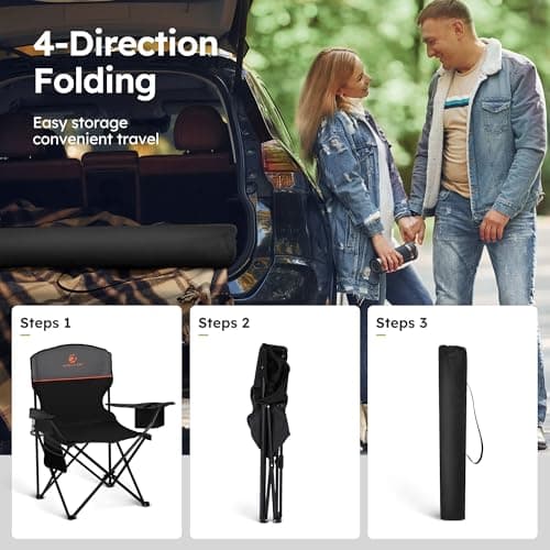 ALPHA CAMP Camping Chairs 2 Pack, Heavy Duty Folding Chair with 3-Can Cooler Bag, Portable Outdoor Chair with Side Pocket & Cup Holder for Adults, Collapsible for Tailgating, Beach, Fishing,Black 9