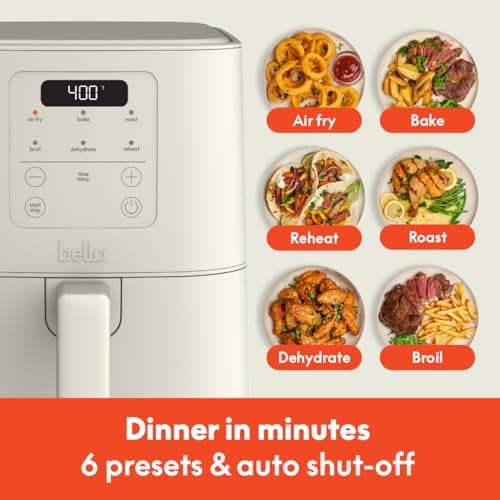 bella 4Qt Slim Air Fryer, Fits-anywhere™ Kitchenware, EverGood™ Ceramic Nonstick Coating, Adjustable Temperature, 6 Preset Cooking Options, 60 Min Auto Shutoff w Audible Tone, 3.3lb Capacity, Oatmilk 5