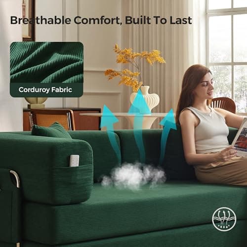 Carzzi-Life 79" Convertible Sofa Bed with Pillows, Corduroy Folding Sleeper Sofa with Fixed-Shape Frame, Boneless Couch for Living Room Bedroom, Floor Sofa Lounge No Assembly Required (Green) 5