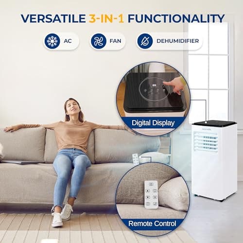 SereneLife 8000 BTU Portable Air Conditioner, 3-in-1 Compact Standing Air Conditioner for Room Up to 350 Sq. Ft., Floor AC Unit with LCD Remote Control, Auto Mode, Low Noise with Wrapped Compressor 3