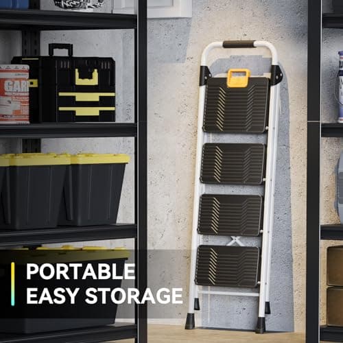 KINGRACK 4 Step Folding Ladder, 800lbs Capacity Step Stool with Safety Lock, Non-Skid Wide Pedals, and Handrail, Lightweight, Household Ladder for Home, Kitchen, Pantry, Closets, and Office Use, White 6