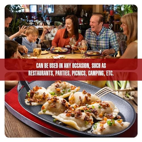 Mifoci 2 Pcs Oval Cast Iron Fajita Skillet Pan Set Small Sizzling Steak Plate with Wooden Base and Handle Cast Iron Fajita Skillet Sizzling Plate for Restaurant BBQ (9.5 in x 5.5 In) 6